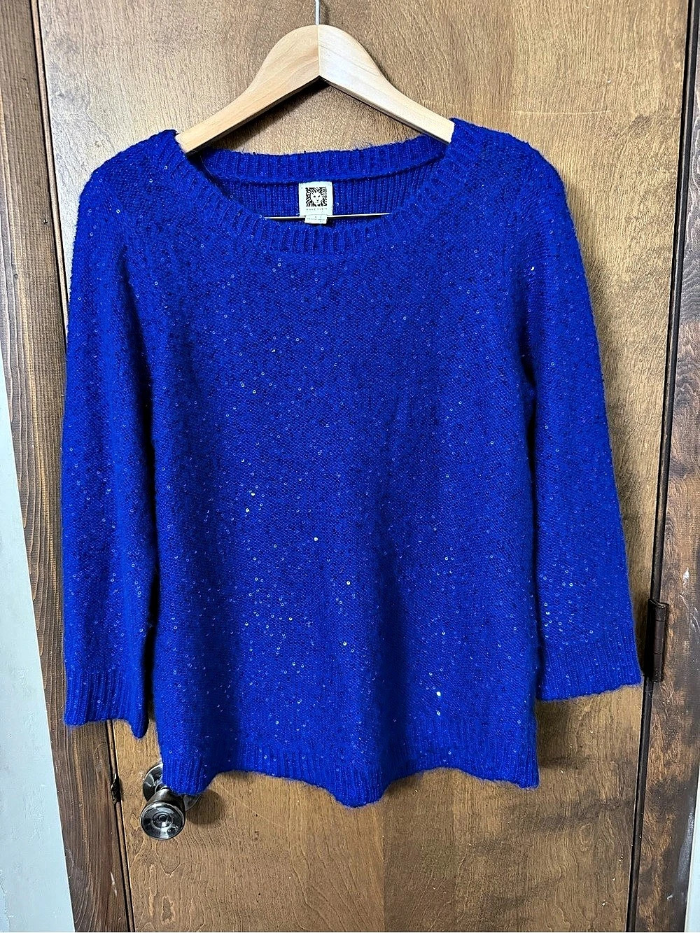 Anne Klein Women’s Large Blue Sequin Crew Neck Sweater
